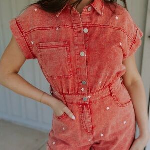 Red Star-Patterned Denim Romper